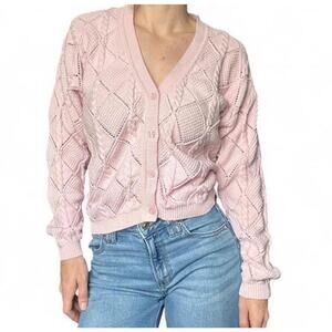 Vintage 90s Women’s Pink Diamond Cable Knit 100% Cotton Cardigan Sweater Size L